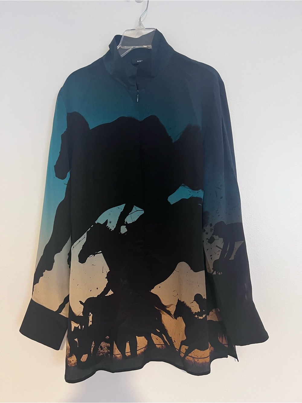 Akris Women Shirt Sz 8 Silk Crepe Tunic Hidden Zip Equestrian Horse Rider Print - Picture 14 of 16
